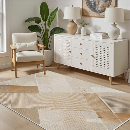 Minimalist Abstract Area Rug 3x4 Brown Boho, Modern Washable Stripe Art Rugs, Soft Non-Slip Low-Pile Carpet for Living Room, Bedroom, Kitchen, Dining Room, Pet Friendly, Non-Shedding, Beige