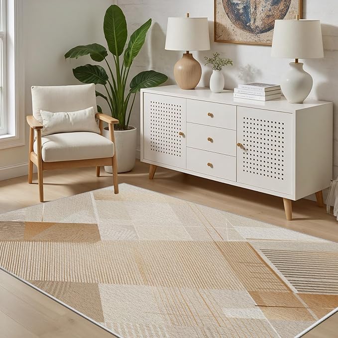 Minimalist Abstract Area Rug 7x10 Brown Boho, Modern Washable Stripe Art Rugs, Soft Non-Slip Low-Pile Carpet for Living Room, Bedroom, Kitchen, Dining Room, Pet Friendly, Non-Shedding, Beige