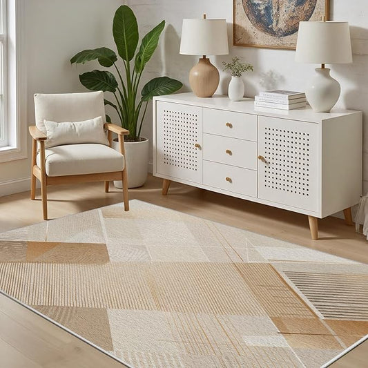 Minimalist Abstract Area Rug 3x5 Brown Boho, Modern Washable Stripe Art Rugs, Soft Non-Slip Low-Pile Carpet for Living Room, Bedroom, Kitchen, Dining Room, Pet Friendly, Non-Shedding, Beige