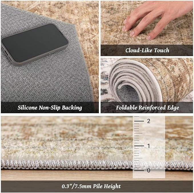 Washable 4x6 Rugs for Living Room, Boho Non-Slip Vintage Distress Small Rugs for Bedroom Nursery Office, 0.3" Neutral Oriental Throw Thin Carpet with Cushioning Pad, Brown/White/Multi