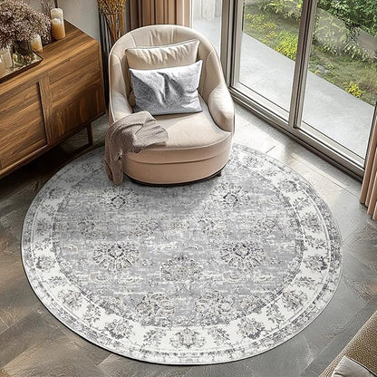 jinchan Fiora Round Rug 6ft Area Rugs Vintage Floral Distressed Design - Machine Washable Non-Slip Low-Pile Ultra-Thin Circle Rug for Entryway Bedside Living Room Dining Room Bedroom (6' Round, Grey)