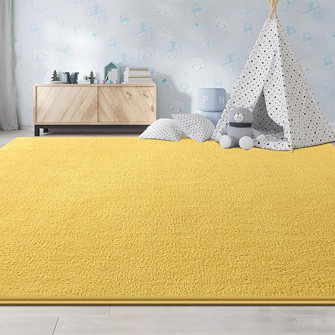 Large Area Rugs for Living Room Bedroom, 6x9 Feet Yellow Rug, Minimalist Modern Shag Rug, Soft Thick Comfy Memory Foam Indoor Carpet, Non-Slip Washable Rug for Boys Girls Dorm Nursery Room Home Decor
