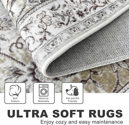 KILOCOCO Hallway Runner 2.6x14 Runner Rug Printed Vintage Floral Washable Rugs Kitchen Runners Soft Non-Slip Low Pile Rubber Backed Runners for Laundry Room Distressed Boho Rugs, Mossy Taupe