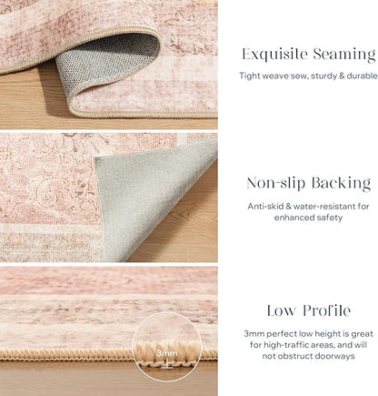 Phantoscope Washable Area Rug 5'x7' Non-Slip, Vintage Neutral Rugs for Living Room, Bedroom, Dining Room, Distressed Boho Floral Medallion Pattern, Low-Pile Foldable Floor Carpet, Soft Pink/Beige