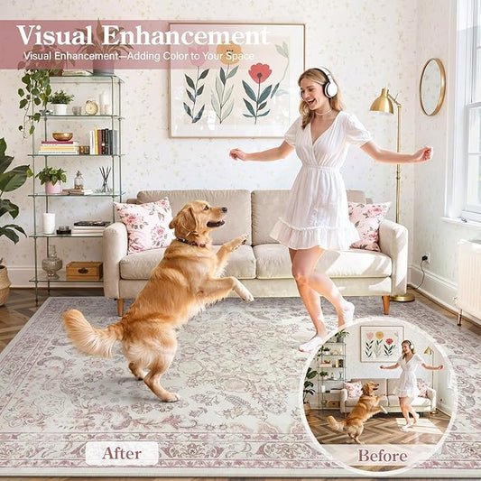 Wonnitar Floral Washable 8x10 Rug, Pink Area Rug for Bedroom Girls, Soft Non Slip Ultra-Thin Large Boho Vintage Home Decor Carpet for Living Room Nursery Dining Room Girl Room