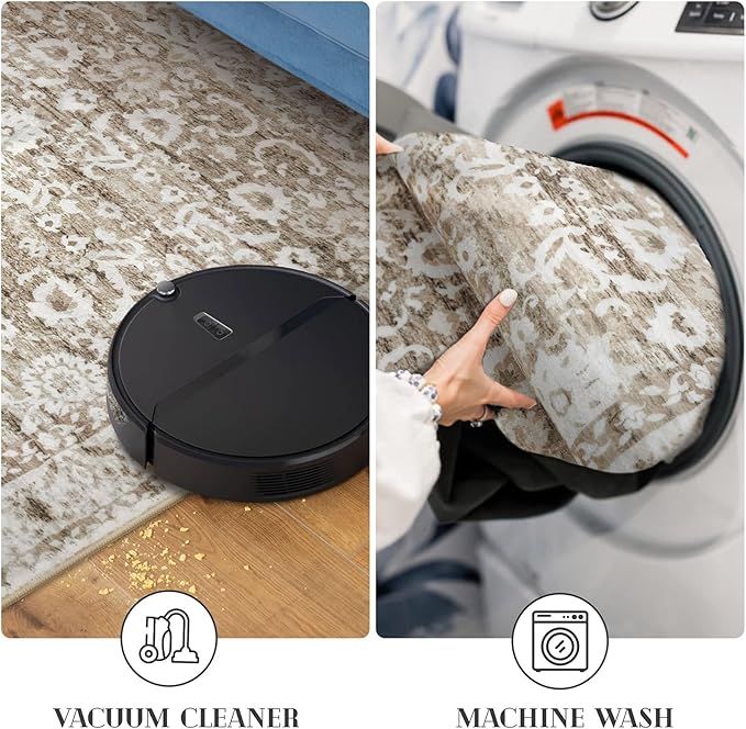Vintage Floral 2x6 Runner Rug, Beige Tan White Washable Kitchen Runner Rug Non-Slip Neutral Hallway Rug Runner Thin Printed Faux Wool Super Soft Carpet for Entryway Bedroom Laundry Room Indoor