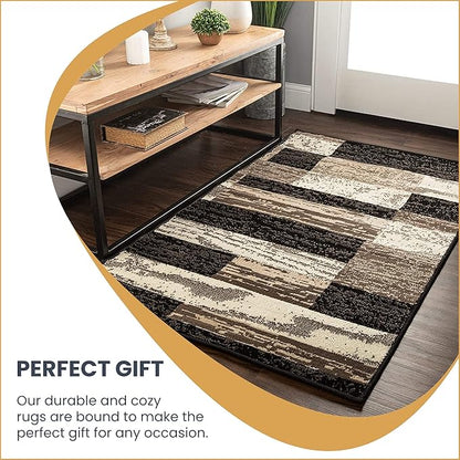 Superior Indoor Runner Rug, Jute Backed, Modern Geometric Patchwork Floor Decor for Bedroom, Office, Living Room, Entryway, Hardwood Floors, Rockwood Collection, 2' 7" x 8', Chocolate
