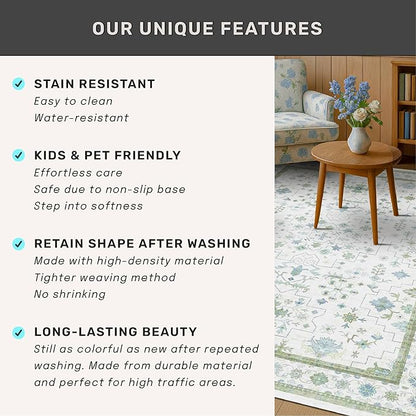 Oushak 3x20 Wide Hallway Runner Rug - Vintage Turkish Floral, Washable Low Pile Non Slip 20ft Extra Long Runners for Large Kitchen, Hall Way - Blue and Green Décor