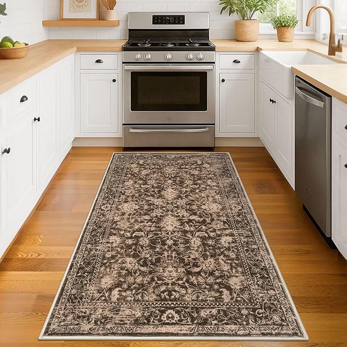 KILOCOCO Area Rug 3x5 Entryway Rug Washable Printed Vintage Floral Rubber Backed Non Slip Indoor Kitchen Rugs for Living Room Laundry Room Playroom Mudroom Moroccan Area Rugs, Rust Red