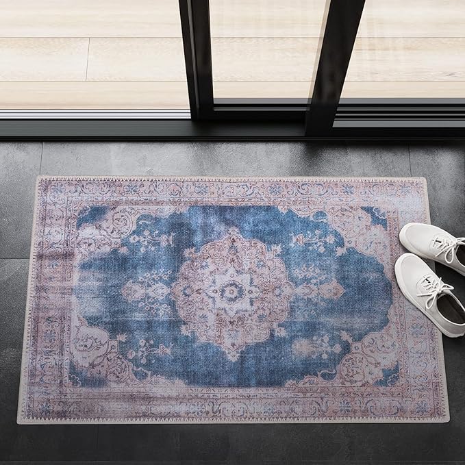 GLN Rugs Traditional Collection - Machine Washable Area Rug, Traditional Washable, Non Slip, Low Pile Chenille Rug, Living Room, Bedroom, Kitchen Rug (3' x 5' Cream/Navy)
