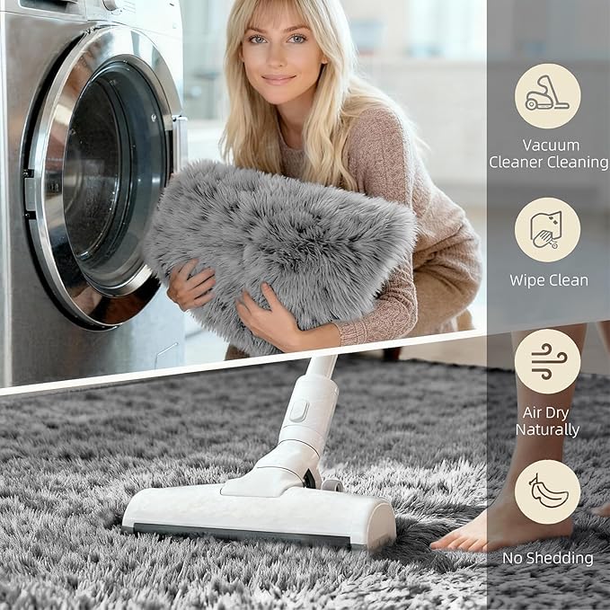 3x5 Solid Fluffy Grey Area Rug – Washable, Durable, Living Room Rug, Non-Slip High Pile Shag Rugs for Bedroom, Living Room, Bedside, Dorms, Nursery Rooms, Kids Room, Soft Indoor Floor Carpet