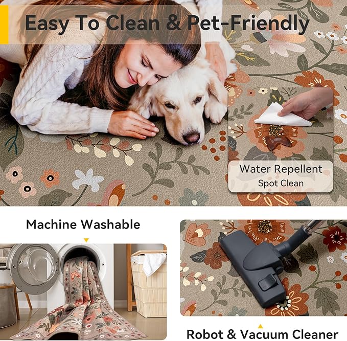 Floral 9x12 Area Rug Machine Washable Soft Print Boho Carpet Non Slip Doormat Low Pile Flower Area Rugs for Living Room Bedroom Nursery Kitchen Dining Room Indoor-Brown/Brick