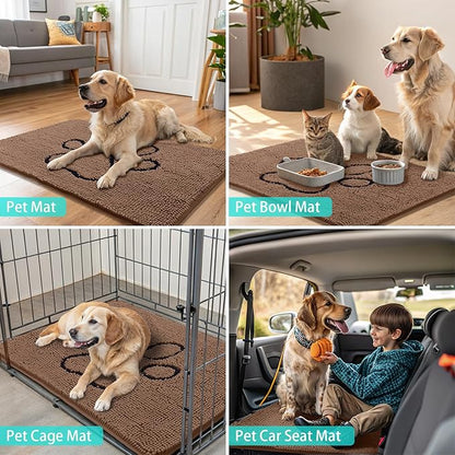 Smiry Dog Door Mat for Muddy Paws, Absorbent Dirt Trapper Non Slip Quick Dry Washable Chenille Mat for Mud Dogs, Entry Rug for Indoor and Outdoor (48x30 Inches, Camel and Black)