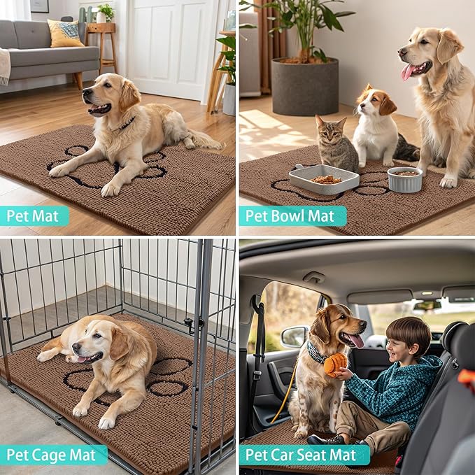 Smiry Dog Door Mat for Muddy Paws, Absorbent Dirt Trapper Non Slip Quick Dry Washable Chenille Mat for Mud Dogs, Entry Rug for Indoor and Outdoor (59x24 Inches, Camel and Black)