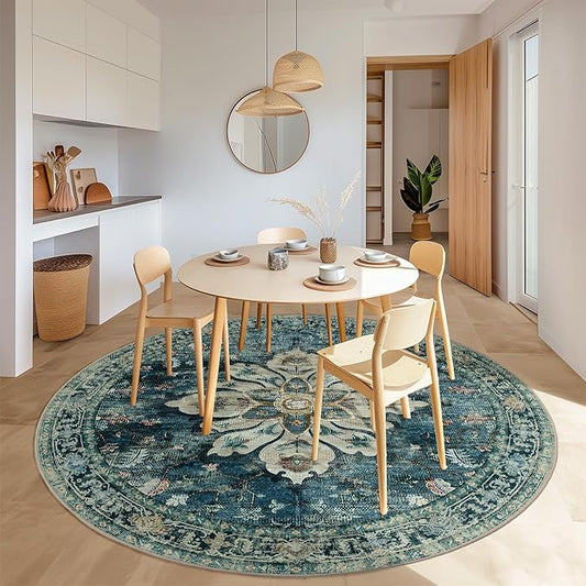 Area Rugs 7ft Washable Non-Slip, Floral Vintage Distress Print Pattern Medallion Carpet for Living Room Bedroom Dining Room, Dark Blue Vintage