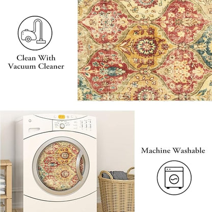 Lahome Moroccan Trellis Round Area Rugs, Washable Small Round Rug 3ft Non-Slip, Soft Vintage Ultra-Thin Circle Carpet for Bedroom Entryway Kitchen Laundry Bathroom, Red/Orange