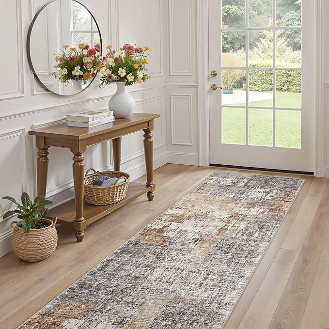 Washable Runner Rug for Hallway: 2.6x14 Neutral Modern Abstract Low Pile Area Rug with Non-Slip Backing - Carpet for Bedroom Kitchen Laundry Entryway Bathroom Indoor - Grey Brown