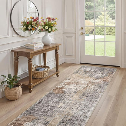 Washable Runner Rug for Hallway: 2.6x10 Neutral Modern Abstract Low Pile Area Rug with Non-Slip Backing - Carpet for Bedroom Kitchen Laundry Entryway Bathroom Indoor - Grey Brown