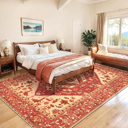 SERISSA Washable Rugs 8x10 Area Rugs, Large Non-Slip Boho Living Room Rug, Ultra Soft Oriental Vintage Red Beige Print Distressed Carpet for Dining Room Bedroom Dorm Office Home Decor