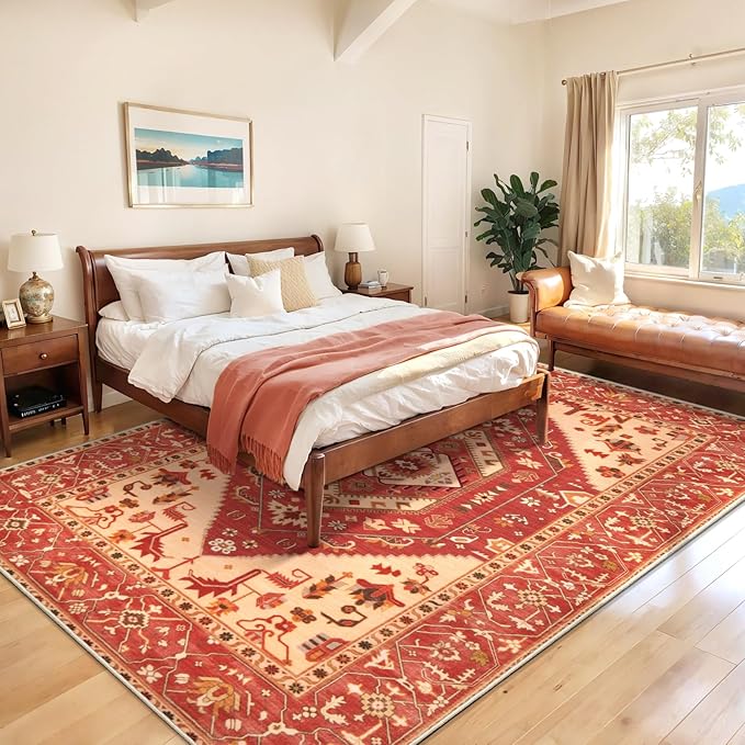 SERISSA 6x9 Area Rugs for Living Room, Large Washable Non-Slip Boho Rug, Ultra Soft Vintage Red Beige Oriental Tribal Print Distressed Carpet for Dining Room Bedroom Dorm Office Home Decor