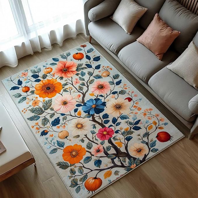 6x9 Colorful Flower Area Rugs, Floral Vintage Large Rugs, Floral Rugs, Botanical Rug, Washable Boho Botanical Non Slip Carpet for Living Room, Bedroom, Kids Room