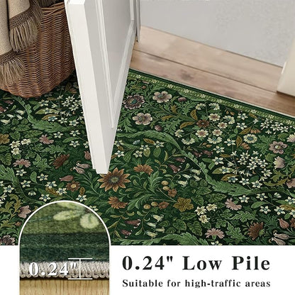 Round Rug 6ft Dark Green Washable Floral Circle Rug,Vintage Boho Botanical Round Area Rugs, Non-Slip Soft Low-Pile Circular Carpet for Bedroom,Kids Room,College Dorm,Home Decor