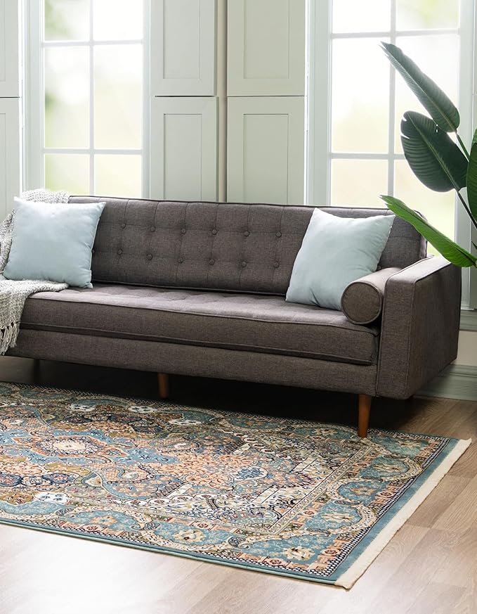 Unique Loom Narenj Collection Classic Traditional Medallion Textured Design Area Rug, 5 x 8 ft, Blue/Tan