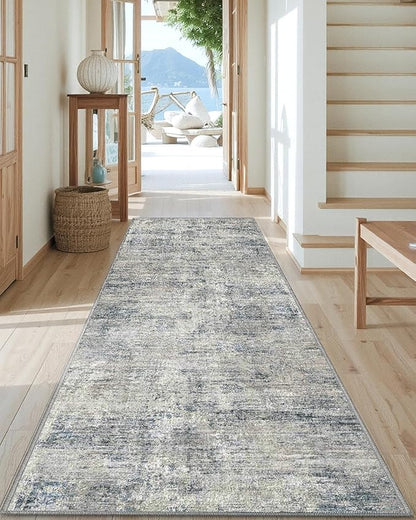 DEXI Hallway Runner Rug 3x10, Modern Abstract Non Slip Thin Soft Runners Carpet, Stain Resistant Washable Indoor Rug for Hallway Entryway Kitchen Laundry Room Living Room, Blue