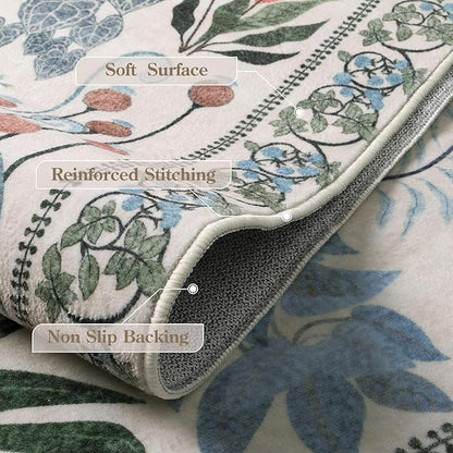 Floral Boho Beige Washable 3x5 Bathroom Entrance Rugs Indoor, Non Slip Flower Botanical Area Rugs for Kitchen Floor Soft Throw Carpet for Laundry Living Room Entrance (Beige,3 x 5)