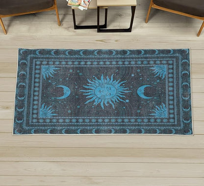 Ambesonne Sun and Moon Decorative Rug, Bohemian Artwork Design of Crescent Solar Ornament Esoteric Stars Ornaments, Quality Carpet for Bedroom Dorm and Living Room, 2' 5" x 5', Sky Blue