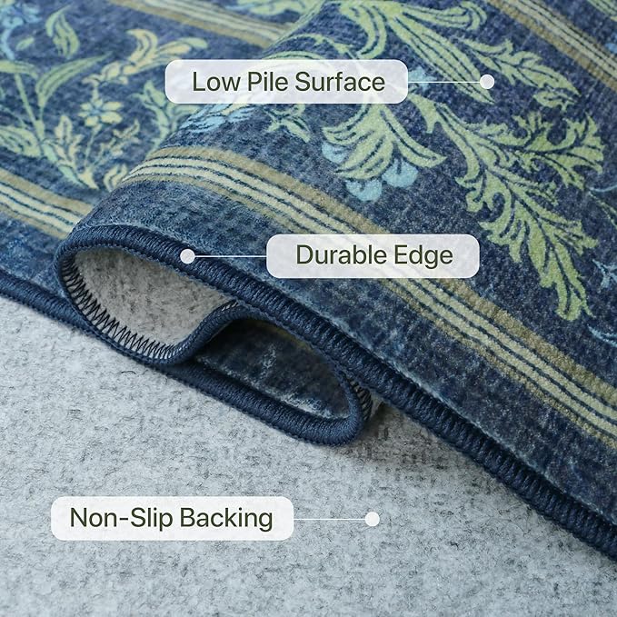 Bavni Floral Dark Blue Area Rugs 5x7, Vintage Boho Carpet Machine Washable, Non Slip Soft Low Pile Thin Rug for Bedroom, Living Room, Dining Room, Nursery