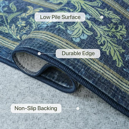 Bavni Floral Dark Blue Area Rugs 6x9, Vintage Boho Carpet Machine Washable, Non Slip Soft Low Pile Thin Rug for Bedroom, Living Room, Dining Room, Nursery