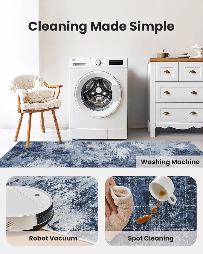6x9 Area Rugs for Living Room, Modern Abstract Washable Rug with Non-Slip Backing & Low Pile Indoor Carpet for Nursery Room, Bedroom and Dinning Room, Dark Blue