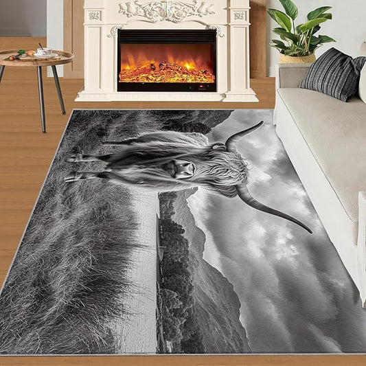 Highland Cattle Rugs for Bedroom - 3x5 Area Rug - Black White Highland Cattle Rugs for Living Room, 3D Natural Landscape Rug, Non-Slip Washable Home Decor Carpet