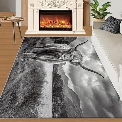 Highland Cattle Rugs for Bedroom - 5x8 Area Rug - Black White Highland Cattle Rugs for Living Room, 3D Natural Landscape Rug, Non-Slip Washable Home Decor Carpet