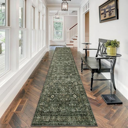 Morebes Vintage Carpet Runners for Hallway 12ft,Washable Extra Long Runner Rug for Entryway Indoor Non-Slip,Distressed Retro Soft Throw Rug for Kitchen Farmhouse Dining Room, Dark Green