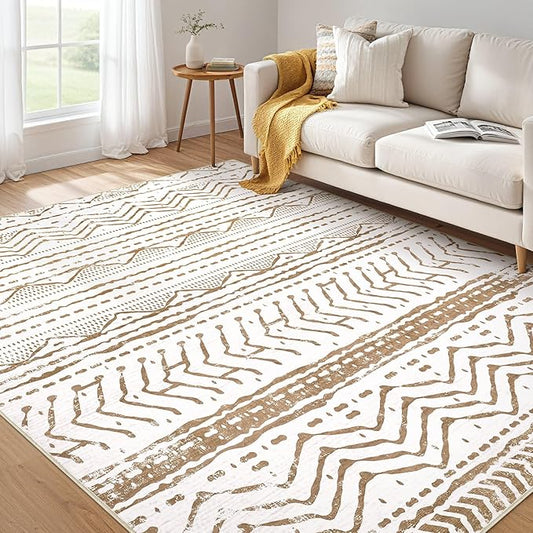 Nakagishi 6x9 Area Rugs Living Room: Washable Boho Large Neutral Soft Farmhouse Rug Stain Resistant Modern Indoor Floor Non-Slip Carpet for Bedroom Nursery Playroom Office Dining Dorm- White Brown