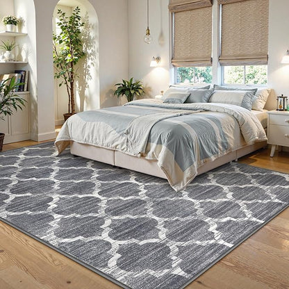 Lahome Moroccan Machine Washable Area Rugs - 5 x 7 Rugs for Living Room Non-Slip Lightweight Soft Carpet for Bedroom Throw Low-Pile Dining Room Rug, Grey Print Modern Rug for Office Kitchen Entryway