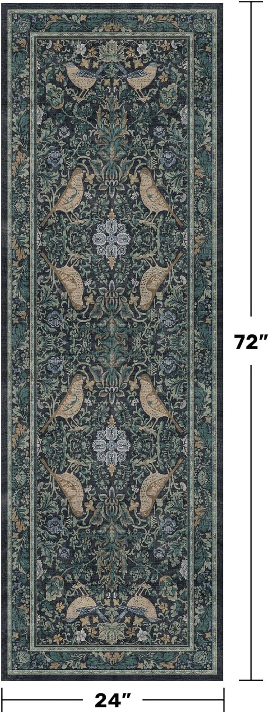 Botanical Bird 2x6 Entryway Rugs Indoor, Machine Washable Runner Rugs for Hallway, Blue and Teal Non Slip Mat for Bathroom, Bedroom Beside Bed, Kitchen, Stain Resistant Forest Green Décor