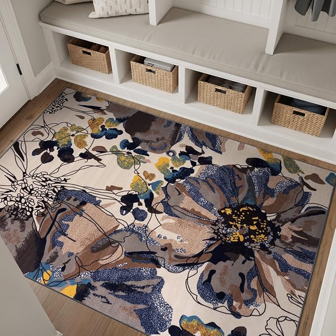 Rugshop Cream Bright Flowers Non Slip Non-Shedding Area Rug for Bedroom, Study and Living Room, 4' x 6'