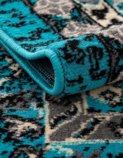 Unique Loom Taftan Collection Border Geometric Tribal Inspired Design Area Rug (8' 0 x 8' 0 Round, Turquoise/ Gray)