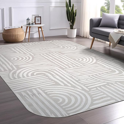 Beverly Rug Modern Geometric Area Rug 8x10 Low-High Pile Durable Soft Abstract Curved Indoor Rugs for Living Dining Room Office Stain Resistant Non Shedding Casual Indoor Carpet Beige White 8 x 10