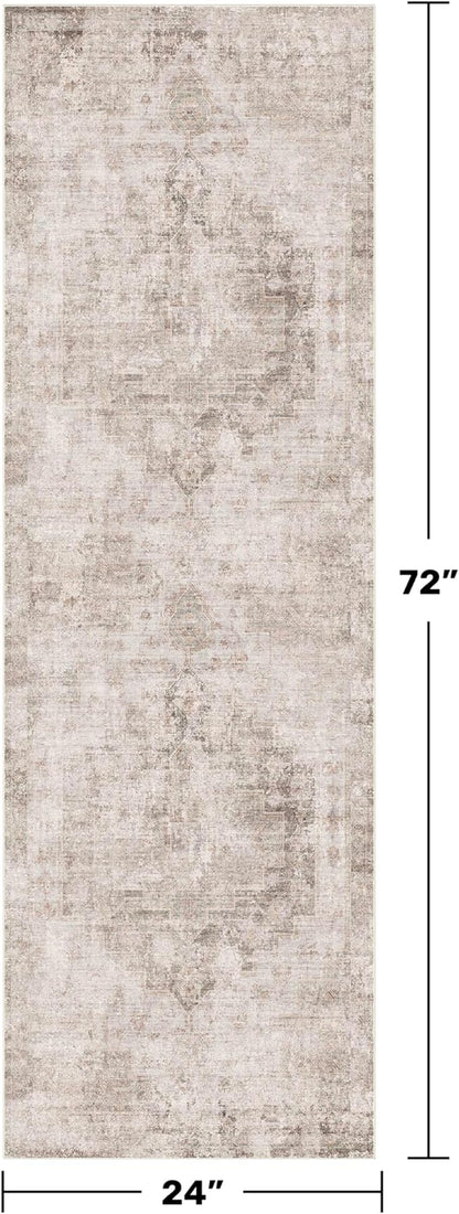 Stain Resistant 2x6 Kitchen Runner Rugs Washable Non Slip - Beige Tan Long Bathroom Runners, 0.25" Low Pile Rubber Backing Rug for Hallway, Entrance Indoor, Modern Farmhouse Home Décor