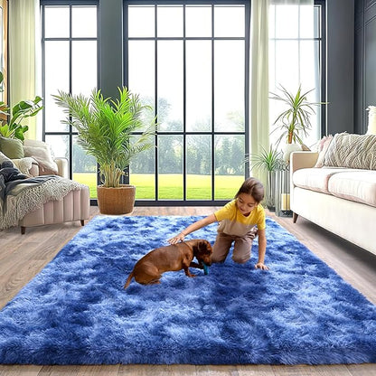 Plush Rugs for Living Room, Soft Shaggy Carpets for Living Room, Upgrade Anti-Skid Fuzzy Rugs for Kids' Room, Perfect Decor for Modern Home Tie Dye Blue 5x7 Feet