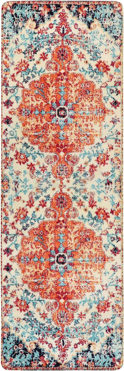 Lahome Floral Washable Kitchen Runner Rug - 2x6 Hallway Entryway Runner Rug, Oriental Medallion Distressed Non-Slip Mat, Bohemian Low-Pile Floor Carpet Runners for Bathroom Laundry Bedside, Orange