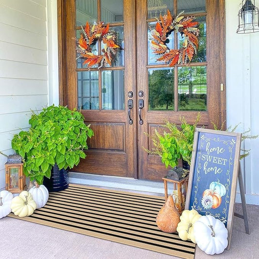 KOZYFLY Brown and Black Striped Porch Rug 2x4.3 Ft Washable Outdoor Rug Farmhouse Outdoor Doormats Front Door Rugs Striped Runner Rugs for Front Door Kitchen Hallway Bedroom Laundry Room