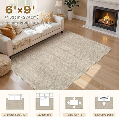 6x9 Area Rugs Living Room: Washable Large Vintage Rug Neutral Non-Slip Soft Stain Resistant Indoor Carpet for Bedroom Nursery Dining Room Under Table Bed Home House Office Playroom - Brown