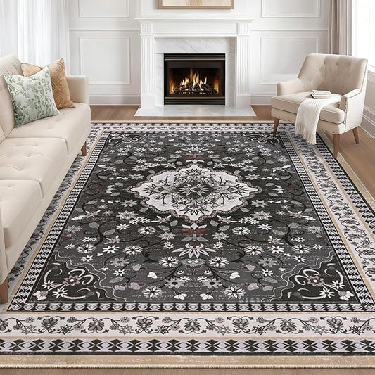 Luxury 5' x 7' Black Washable Area Rugs, Boho Low Pile Easy Clean Non-Slip Rug, Floral Medallion Pattern Vintage Rugs for Living Room, Dinning Room, Office, Bedroom, Bathroom, Laundry Room, Farmhouse