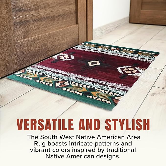 YHSF South West Native American Area Rug C318 - Easy Clean, Thick, Soft, Durable Native Tribal American Indian Inspired Rug for Bedroom/Living Room and More - Burgundy, 2 Feet x 7 Feet