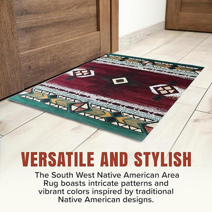 YHSF South West Native American Area Rug C318 - Easy Clean, Thick, Soft, Durable Native Tribal American Indian Inspired Rug for Bedroom/Living Room and More - Burgundy, 2 Feet x 3 Feet 4 Inches